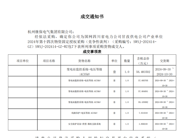 熱烈祝賀杭州繼保電氣中標國網(wǎng)四川省電力公司甘孜供電公司產(chǎn)業(yè)單位 2024年第十四次物資固定授權(quán)采購項目